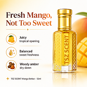 TSZ Scent Mango Ember Perfume Oil for Women and Men 12ml | Alcohol-Free Long Lasting Signature Fragrance, Fruity Woody Amber Vanilla, Easy Swipe Use, Carry, Travel (God of Fire)
