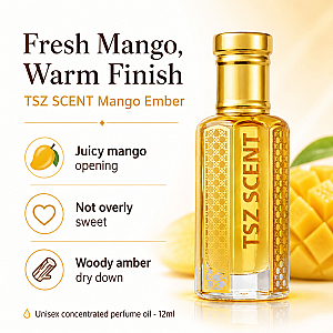 TSZ Scent Mango Ember Perfume Oil for Women and Men 12ml | Alcohol-Free Long Lasting Signature Fragrance, Fruity Woody Amber Vanilla, Easy Swipe Use, Carry, Travel (God of Fire)
